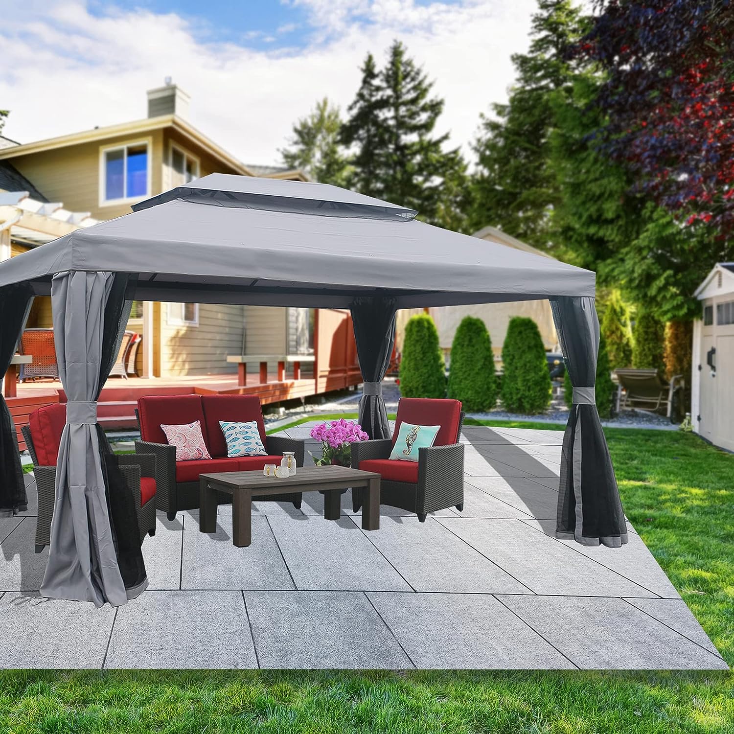 10’x13′ Outdoor Gazebo with Curtains and Netting, Metal Frame Double Roof Soft Top for Patio Backyard Garden Lawns